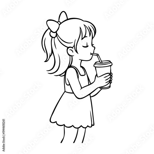 Dibujo sencillo con líneas de una chica joven bebiendo de un vaso de papel con una pajita, sujetándolo con las dos manos