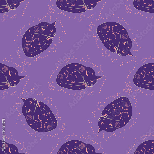 Mystical seamless pattern of cats in boho style, silhouette collection. Esotericism and mysticism, occultism. Cartoon flat vector illustrations, isolated