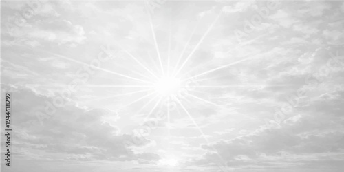 Beautiful bright sunlight rays shine through white clouds in a stunning blue sky summer cloudscape background