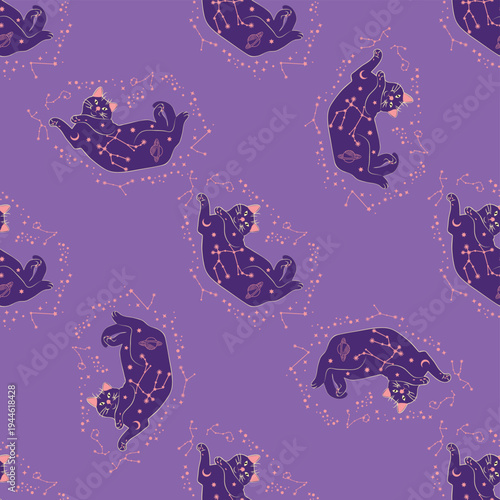 Mystical seamless pattern of cats in boho style, silhouette collection. Esotericism and mysticism, occultism. Cartoon flat vector illustrations, isolated
