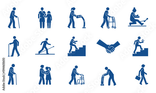 Collection of blue silhouette icons depicting various people working and interacting
