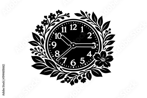 A black and white illustration of an analog clock face surrounded by a decorative floral wreath with leaves and flowers. The design features high contrast on a solid black background.