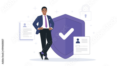 Data protection and cybersecurity concept illustration businessman standing with shield security icon digital privacy protection system