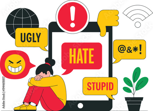 Cyberbullying concept illustration with sad girl surrounded by hate speech symbols online harassment social media abuse and digital bullying awareness