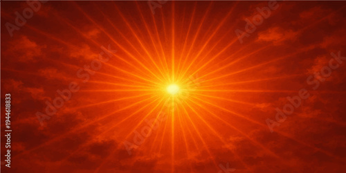 Abstract red background featuring a bright burst of glowing orange rays and fiery energy stars in a warm space design illustration