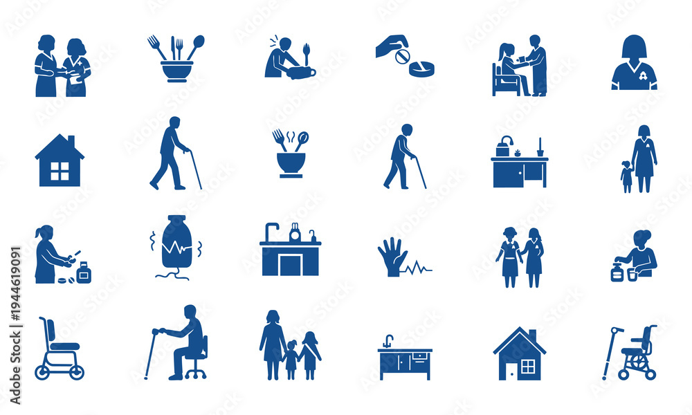 Fototapeta premium Collection of blue silhouette icons depicting elderly care and daily activities