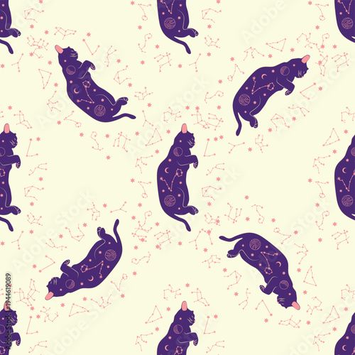 Mystical seamless pattern of cats in boho style, silhouette collection. Esotericism and mysticism, occultism. Cartoon flat vector illustrations, isolated