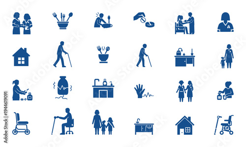 Collection of blue silhouette icons depicting elderly care and daily activities