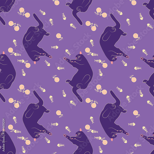 Mystical seamless pattern of cats in boho style, silhouette collection. Esotericism and mysticism, occultism. Cartoon flat vector illustrations, isolated