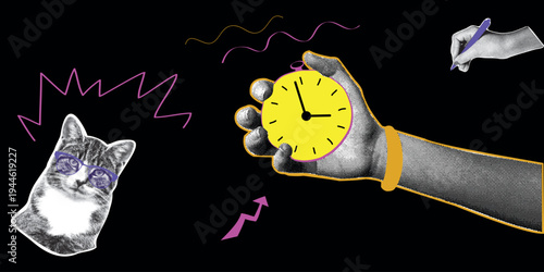 Time Management Deadline Concept Hands Holding Alarm Clock Halftone Collage Vector Illustration