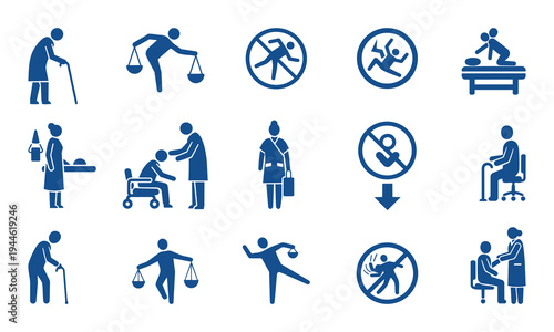 Collection of blue silhouette icons depicting people with disabilities and accessibility symbols