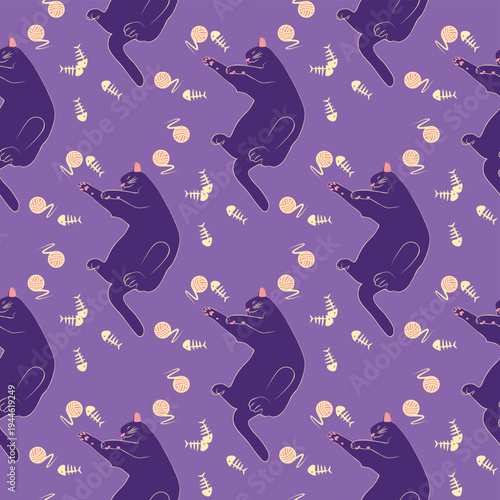 Mystical seamless pattern of cats in boho style, silhouette collection. Esotericism and mysticism, occultism. Cartoon flat vector illustrations, isolated