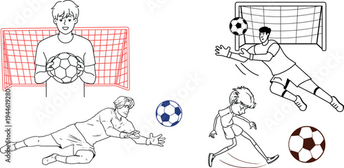 Soccer Player Bicycle Kick Goal with Stadium Fans Line Art Vector Illustration