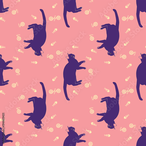 Mystical seamless pattern of cats in boho style, silhouette collection. Esotericism and mysticism, occultism. Cartoon flat vector illustrations, isolated