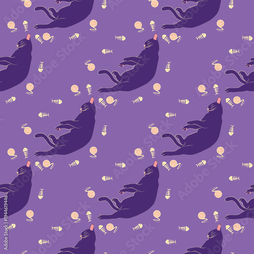 Mystical seamless pattern of cats in boho style, silhouette collection. Esotericism and mysticism, occultism. Cartoon flat vector illustrations, isolated