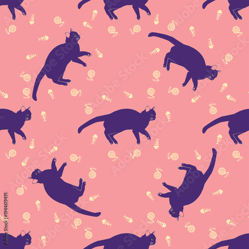 Mystical seamless pattern of cats in boho style, silhouette collection. Esotericism and mysticism, occultism. Cartoon flat vector illustrations, isolated