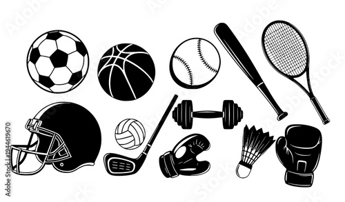 Black Silhouette Sport Equipment Vector Icon Pack Collection