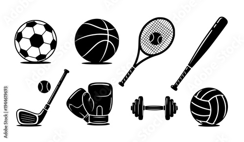 Stylized Black Silhouette Sports Equipment Vector Icon Set