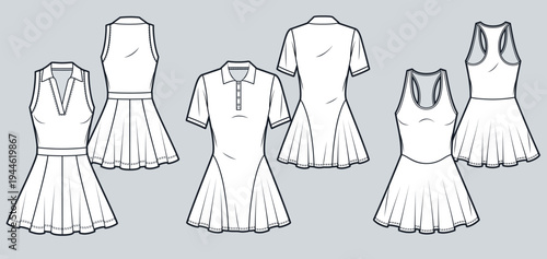 Women Tennis Outfit Collection Fashion Flat Technical Drawings, Polo and Tank Sports Dresses CAD Templates