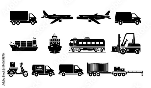 Global Transportation and Logistics Vehicle Silhouette Icon Set