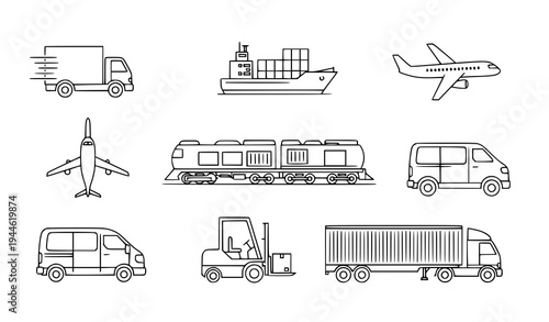 Minimal Global Transportation and Logistics Vehicle Vector Icons