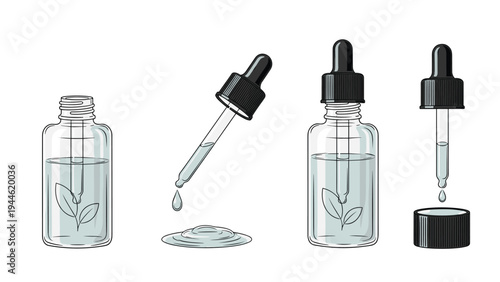 Collection of glass bottles with droppers containing liquid essence or oil with leaf illustrations for natural beauty and skincare products.