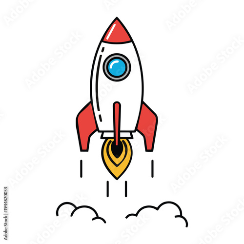 A cartoon rocket ship taking off with fiery exhaust and smoke trail.