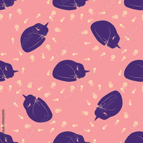 Mystical seamless pattern of cats in boho style, silhouette collection. Esotericism and mysticism, occultism. Cartoon flat vector illustrations, isolated