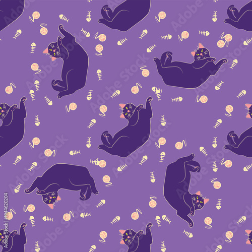 Mystical seamless pattern of cats in boho style, silhouette collection. Esotericism and mysticism, occultism. Cartoon flat vector illustrations, isolated