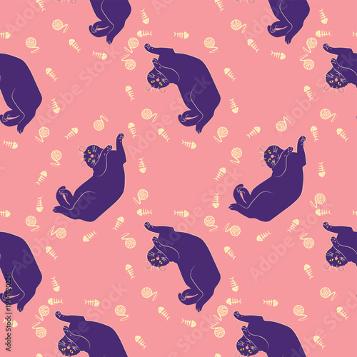 Mystical seamless pattern of cats in boho style, silhouette collection. Esotericism and mysticism, occultism. Cartoon flat vector illustrations, isolated