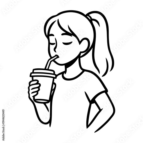 Dibujo sencillo con líneas de una chica joven bebiendo de un vaso de papel con una pajita, sujetándolo con una mano