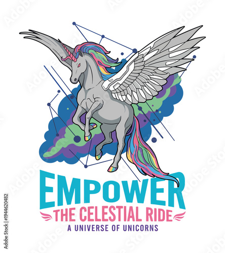 Colorful and whimsical winged unicorn illustration perfect for various creative projects featuring a magical creature soaring through a vibrant and dreamy atmosphere capturing T-shirt Design