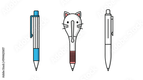 Collection of various ballpoint pens including a cute cat themed pen and classic office designs for stationery and school supply sets.