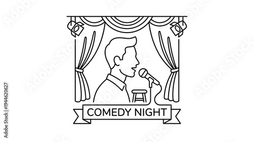 A line art illustration of a comedian performing on stage with a microphone and curtains.