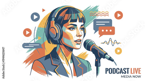 A vibrant illustration of a woman with headphones speaking into a microphone, surrounded by podcasting icons.