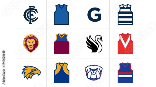 A grid of Australian Rules Football team logos and guernseys, showcasing various club emblems and team colours.