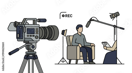 A professional video production setup with a large camera, lighting, and microphone for an interview.