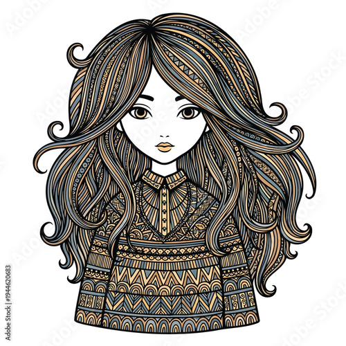 Captivating bohemian girl portrait with intricate folk patterns adorning her flowing hair and cozy sweater, a celebration of artistic detail