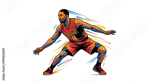 Dynamic illustration of a basketball player in action, dribbling with intensity and focus.