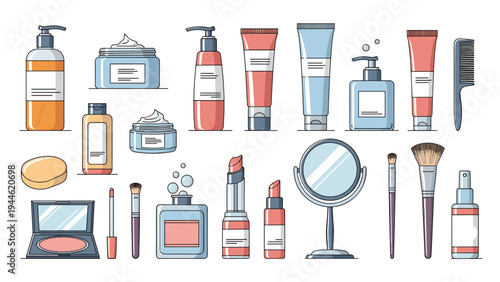 Wide range of cosmetic and beauty products including creams, lotions, lipsticks, and makeup brushes for vanity and skin care themes.