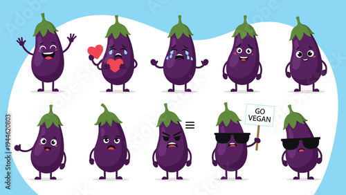 Collection of purple eggplant characters showing various emotions and actions including love, anger, and a go vegan sign.