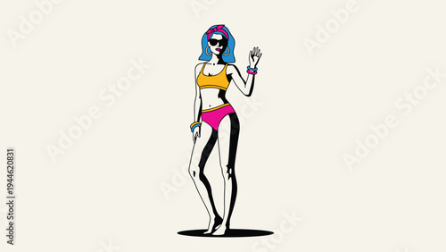 Stylish woman in a bright yellow and pink bikini with sunglasses and accessories posing for summer fashion and beach vacation themes.