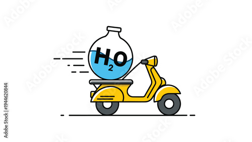 Conceptual illustration of a large water bottle marked H2O being delivered on a yellow motor scooter for hydration services.