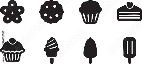 Black Silhouette Dessert Icons: Cookies Cupcakes Ice Cream