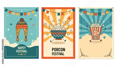 Set of three retro-style festival posters for a popcorn and winter event featuring stylized illustrations of hats and animated popcorn containers.