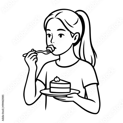 Dibujo sencillo con líneas de una chica joven comiendo una porción de tarta con plato y tenedor