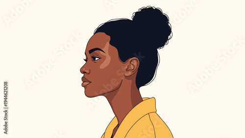 Side profile illustration of a beautiful young African American woman with natural hair bun wearing a bright yellow shirt.