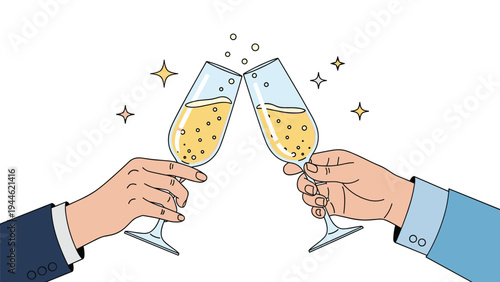 Festive celebration illustration showing two business hands clinking glasses of sparkling champagne to toast a success.
