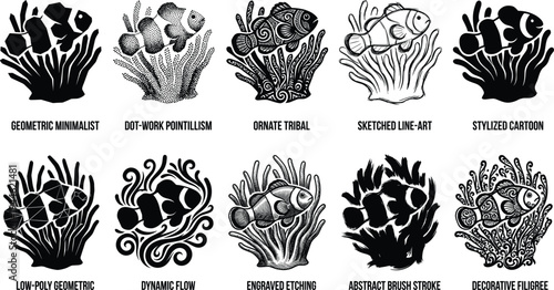 Collection of clownfish and coral reef illustrations in multiple artistic styles including geometric, tribal, line art, engraving and abstract brush vector design set