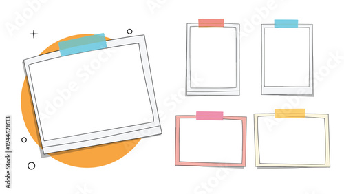 Assorted blank instant film photo frames and rectangular notes attached with colored adhesive tape on a light background with geometric shapes.